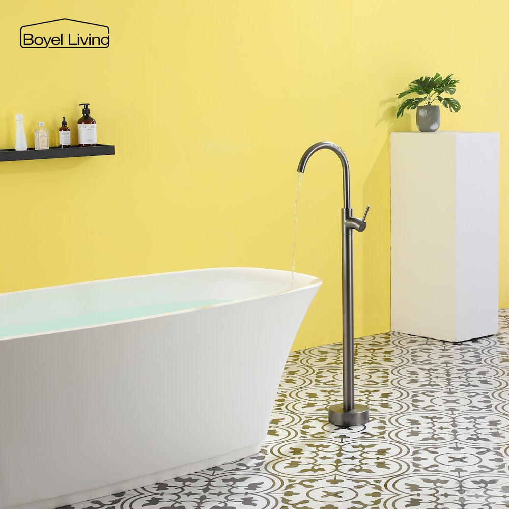 Robinet de baignoire autoportant à montage au sol avec conduites d'alimentation en eau en gris bronze