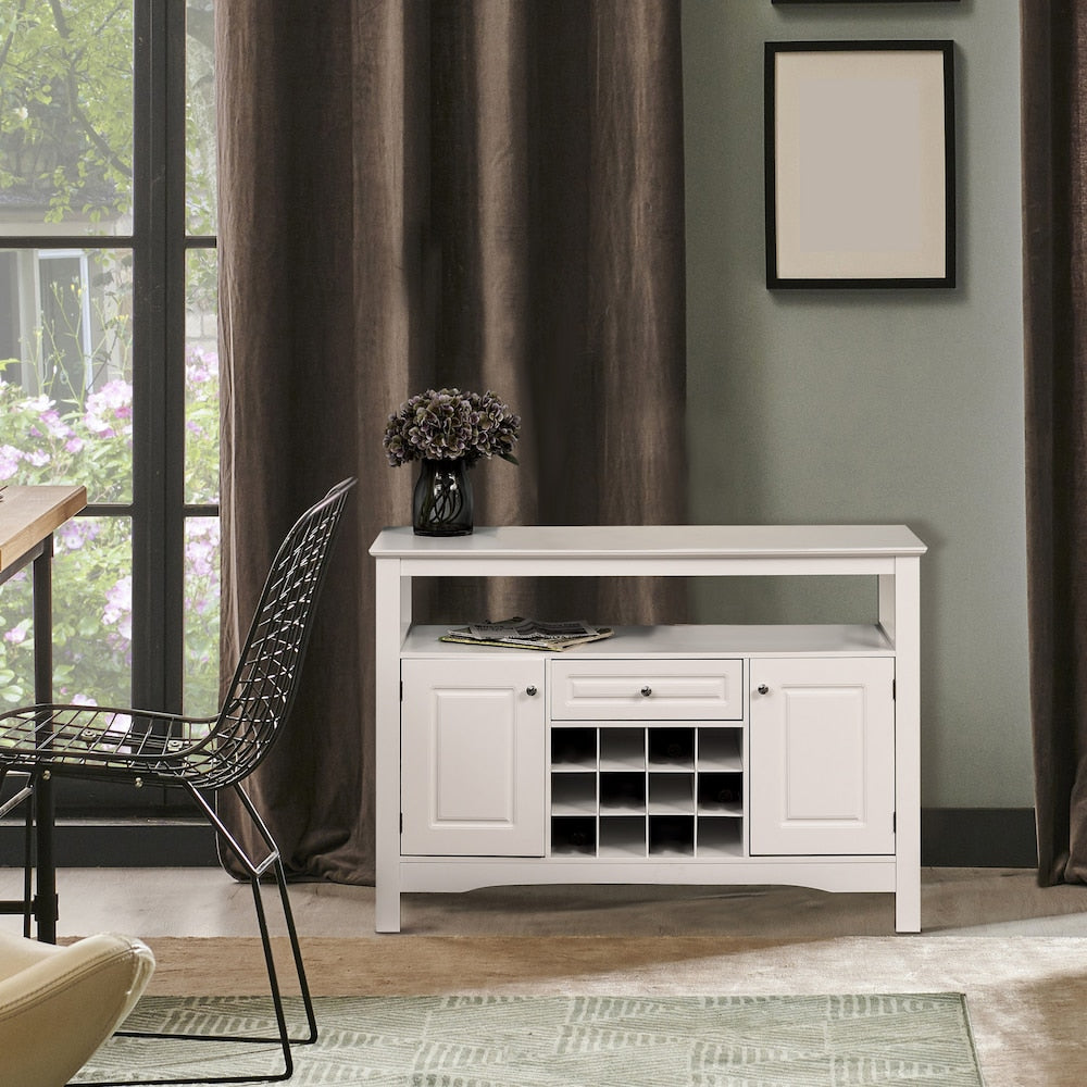 Buffet de cuisine, meuble de rangement pour serveur de salle à manger avec tiroir et casier à vin, blanc