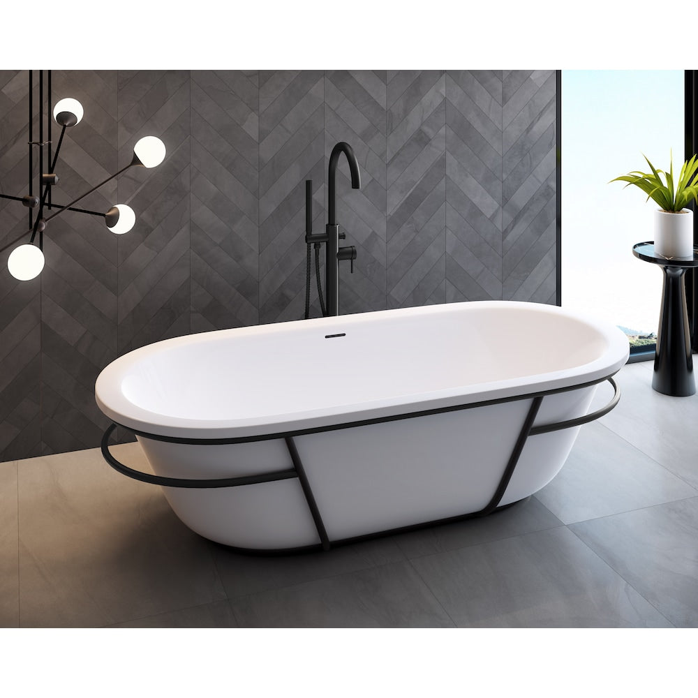 Baignoire autoportante ovale en acrylique Eden-NF de 6 pi avec drain central en blanc