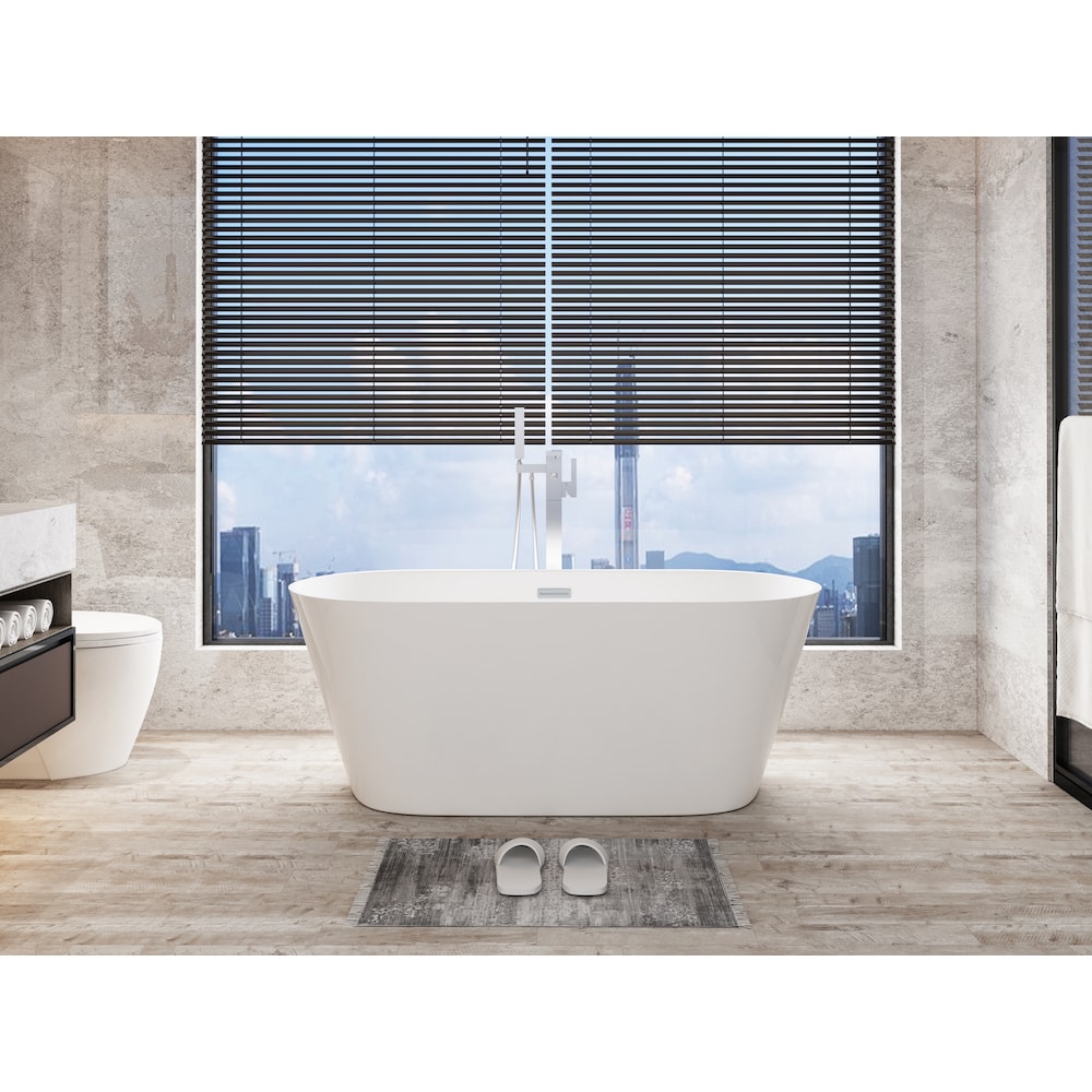 Baignoire autoportante ovale en acrylique Aldine-59 de 5 pieds avec drain central en blanc