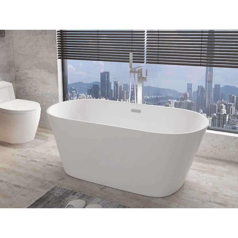 Baignoire autoportante ovale en acrylique Aldine-59 de 5 pieds avec drain central en blanc