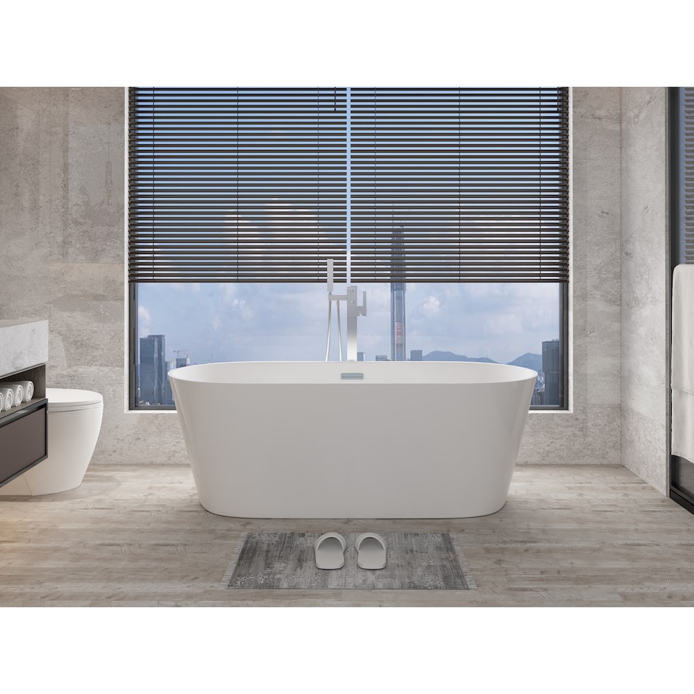 Baignoire autoportante ovale en acrylique Aldine-67 de 5,5 pi avec drain central en blanc