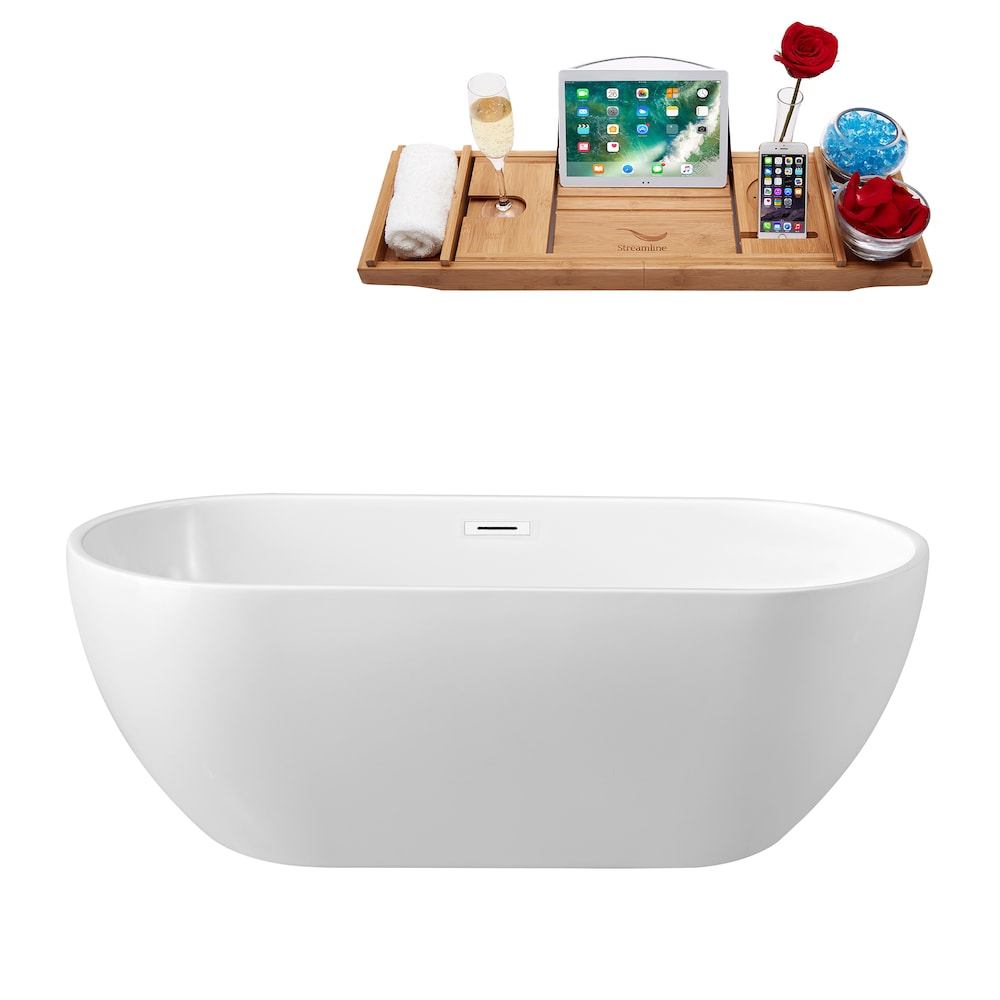 59 inch Streamline N140WH Soaking Freestanding Bathtub and Tray with Internal Drain