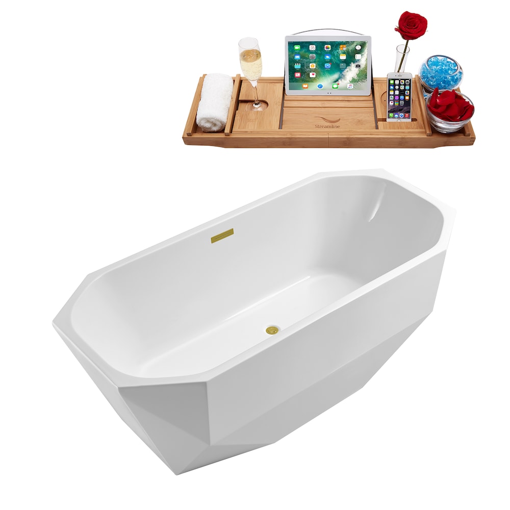 63 inch Streamline N620GLD Soaking Freestanding Bathtub and Tray with Internal Drain