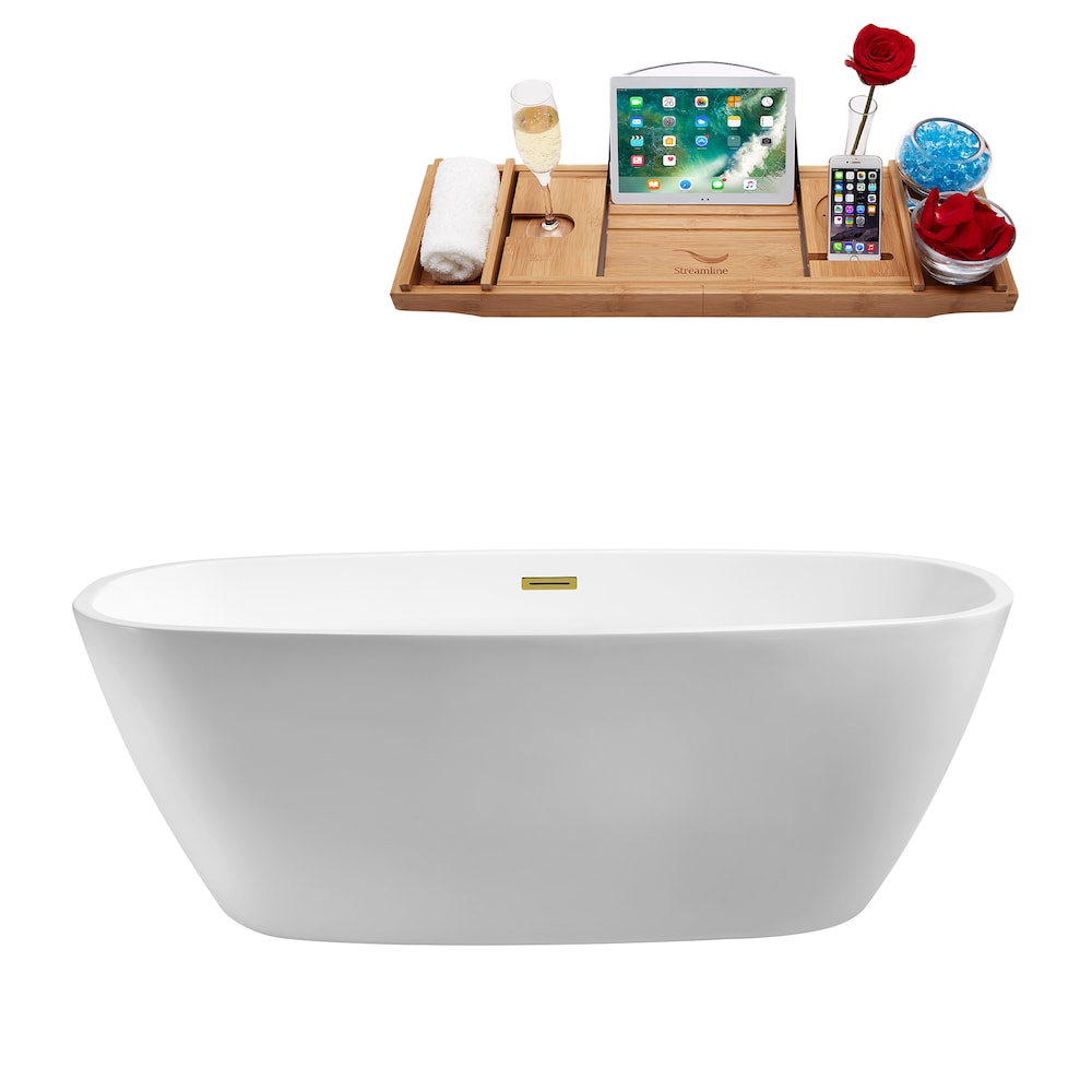 59 inch Streamline N700GLD Soaking Freestanding Bathtub and Tray with Internal Drain
