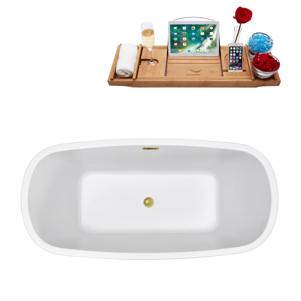 59 inch Streamline N780GLD Soaking Freestanding Bathtub and Tray with Internal Drain