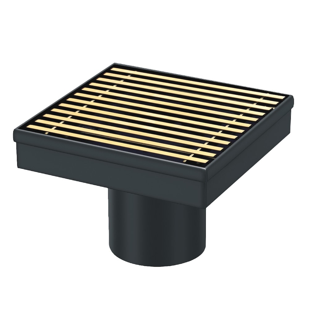Mixed Metal series 4 inch Brushed Gold and Matte Black Square Shower Drain with Linear Pattern Cover