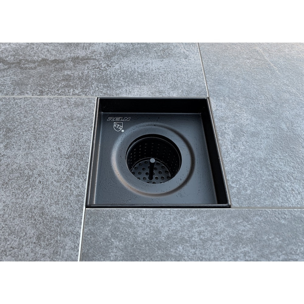 Mixed Metal series 6 inch Brushed Gold and Matte Black Square Shower Drain with Linear Pattern Cover