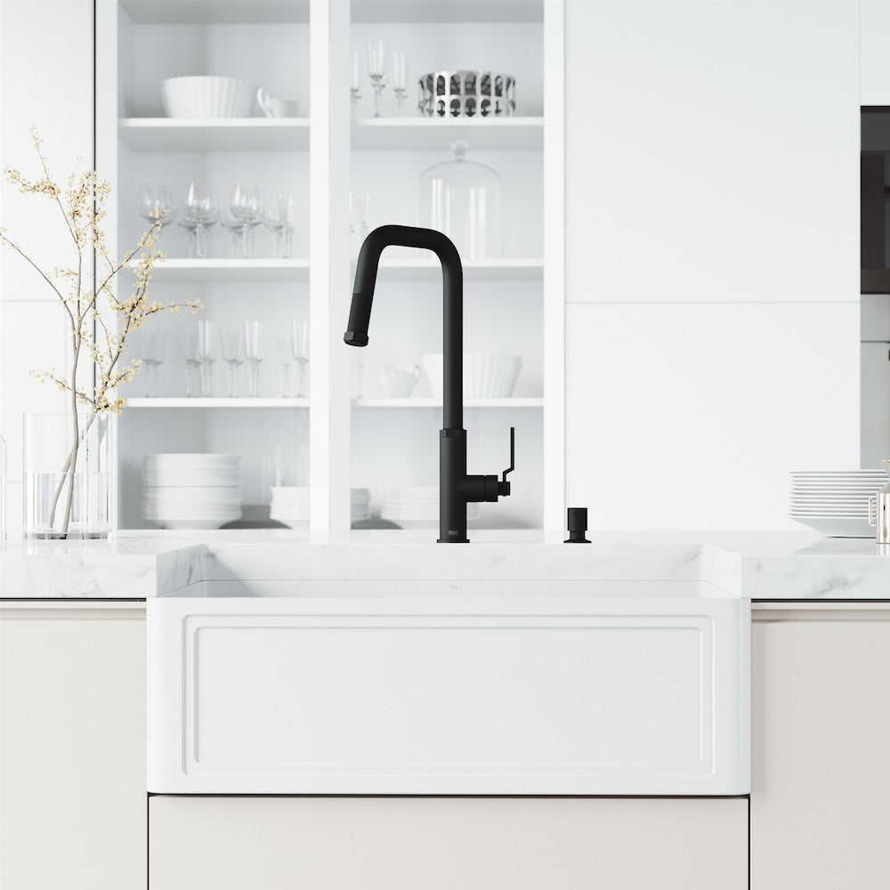 Hart Angular Single-Handle Pull-Down Sprayer Kitchen Faucet with Soap Dispenser in Matte Black