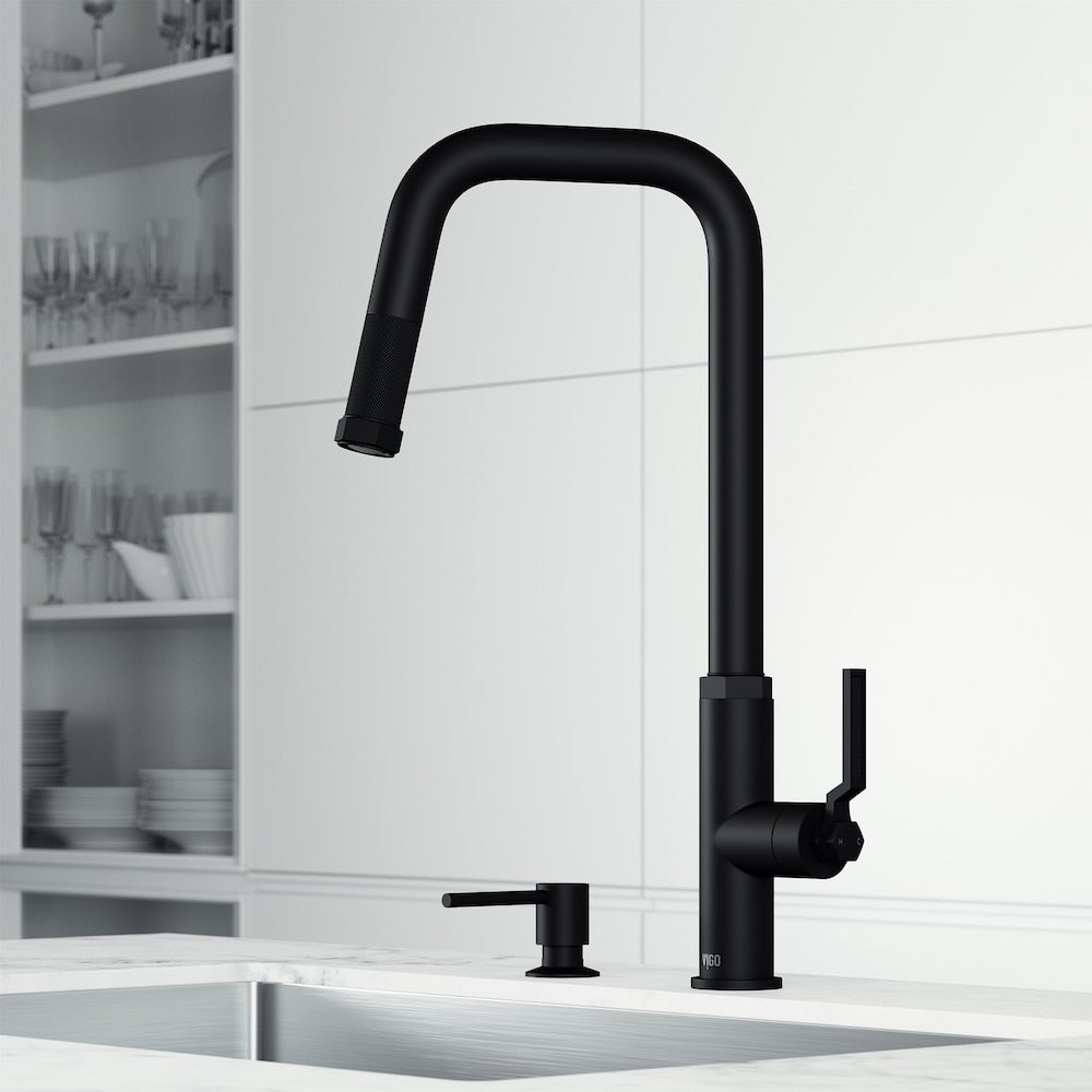 Hart Angular Single-Handle Pull-Down Sprayer Kitchen Faucet with Soap Dispenser in Matte Black