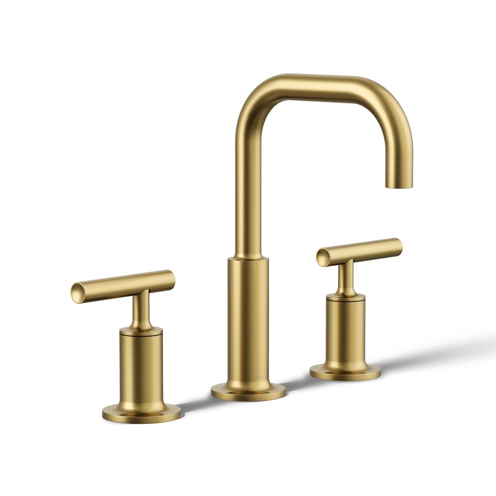 Purist Widespread bathroom sink faucet with low lever handles and low gooseneck spout,Brass