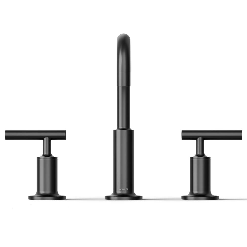 Purist Widespread sink faucet with low lever handles and low gooseneck spout,Black