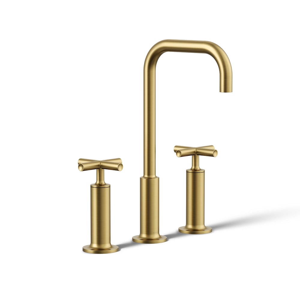 Purist Widespread sink faucet with high cross handles and high gooseneck spout,Brass