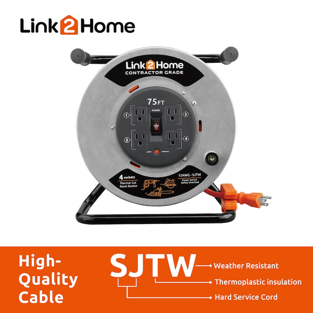 75 ft. 12/3 Extension Cord Storage Reel with 4 Grounded Outlets and Overload Circuit Breaker