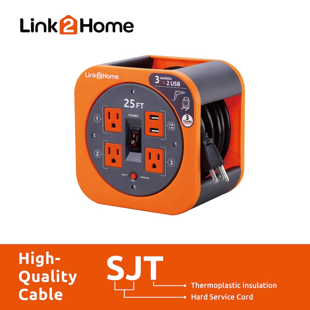 25 ft. 14/3 Extension Cord Reel with 2 USB Ports and 3 Grounded Outlets, and Overload Circuit Breaker