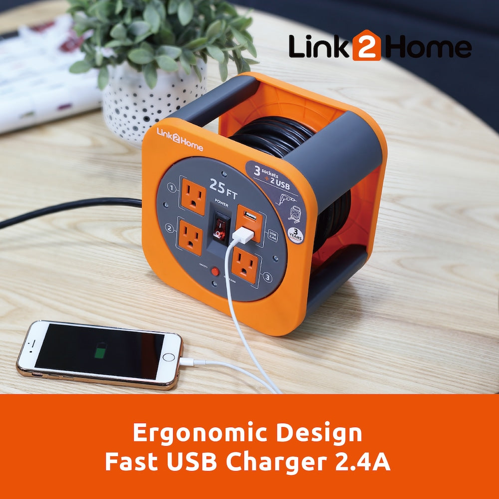 25 ft. 14/3 Extension Cord Reel with 2 USB Ports and 3 Grounded Outlets, and Overload Circuit Breaker