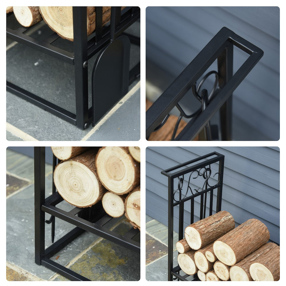 Support à bûches robuste pour bois de chauffage, design vintage, rangement pour bois de chauffage avec 4 outils, noir
