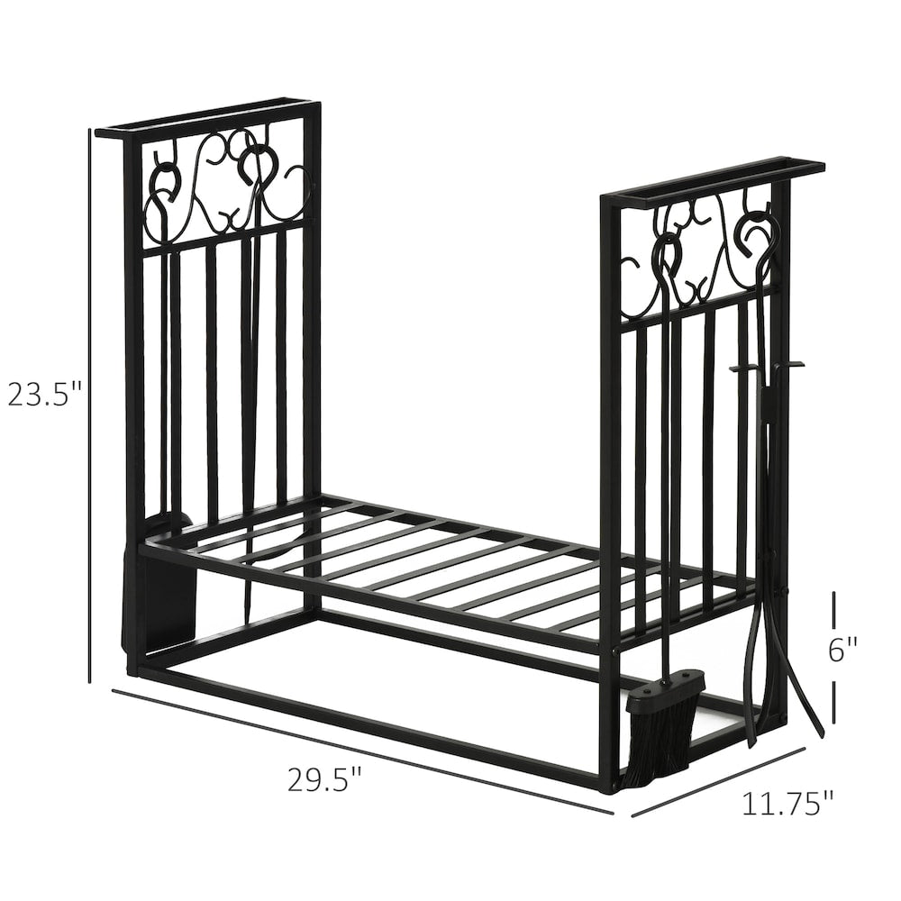 Support à bûches robuste pour bois de chauffage, design vintage, rangement pour bois de chauffage avec 4 outils, noir