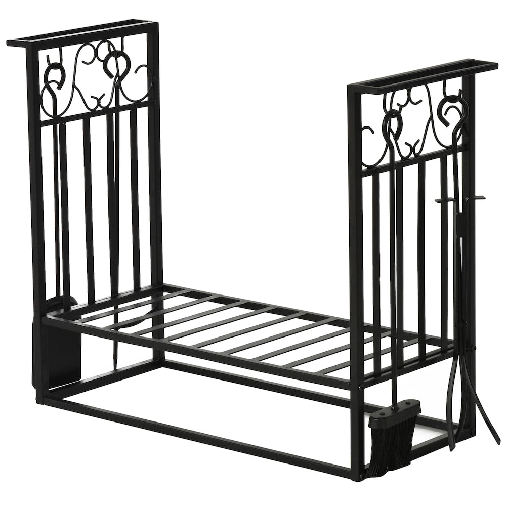 Support à bûches robuste pour bois de chauffage, design vintage, rangement pour bois de chauffage avec 4 outils, noir