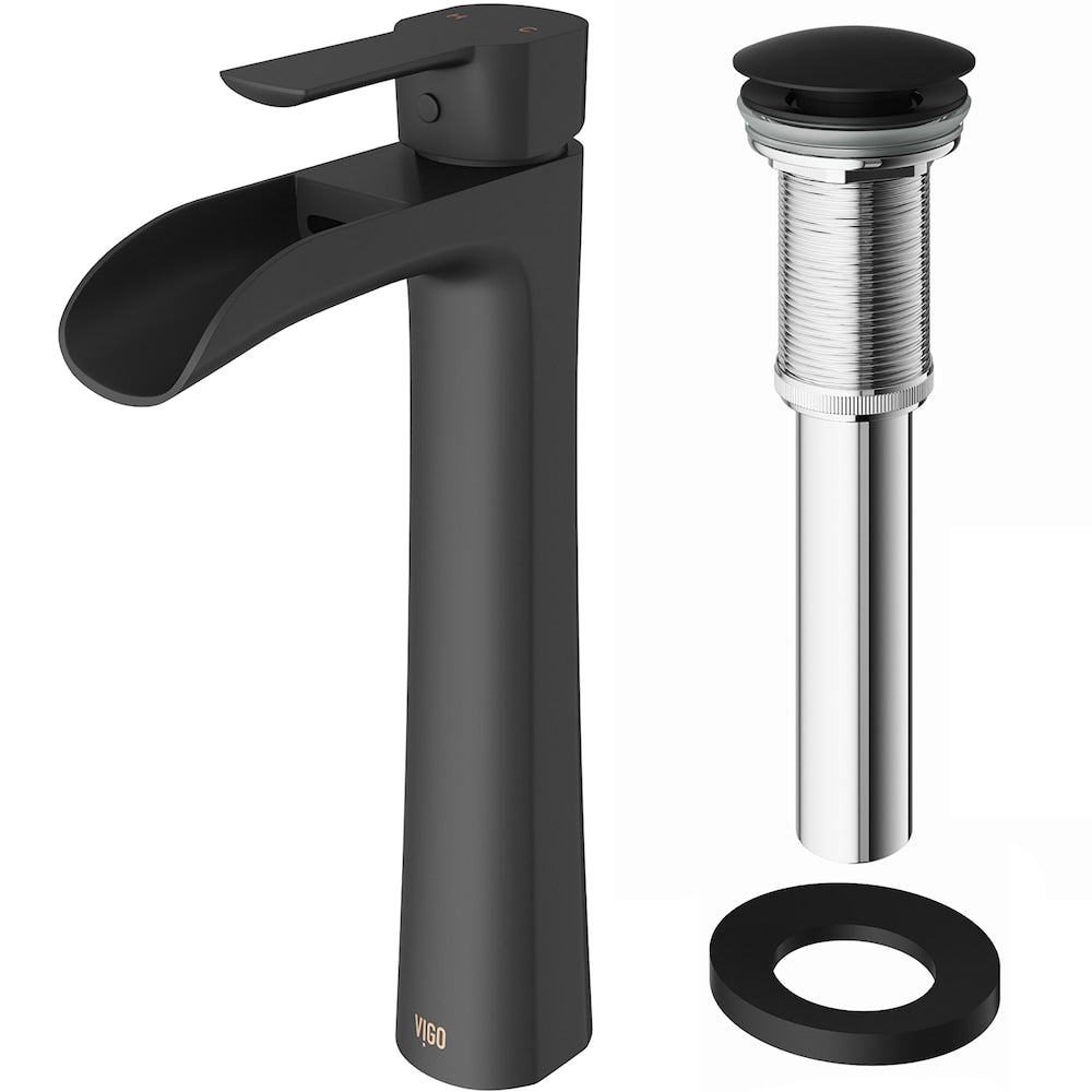 Robinet de salle de bain à cascade à poignée unique et trou unique Niko avec bonde escamotable en noir mat