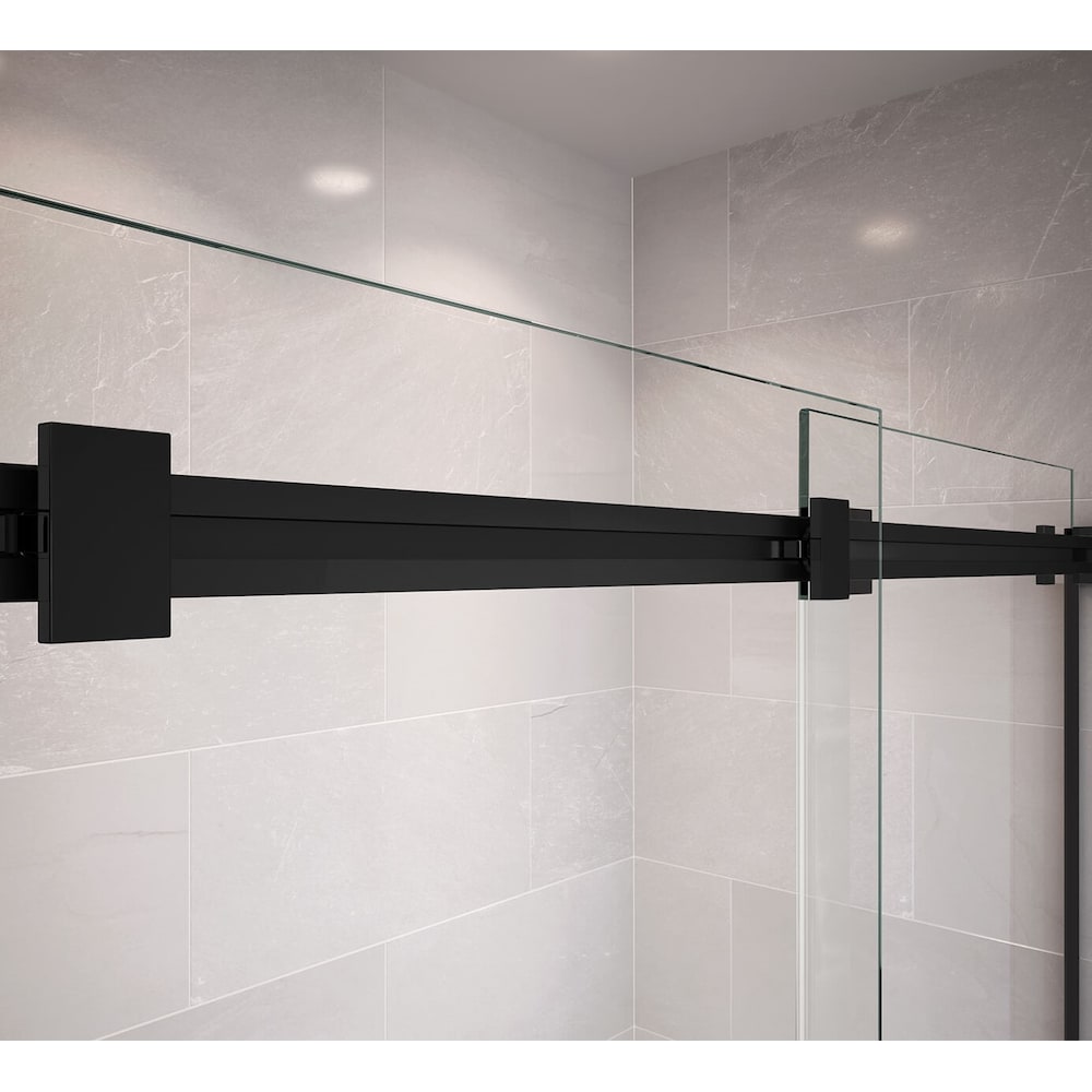 Ensemble de douche pour baignoire NexTile de 60 po L x 30 po l x 81,25 po H avec contour de baignoire en carreaux de métro blancs, niche intégrée, porte coulissante noire mate, baignoire AcrylX avec drain à gauche et revêtement brut au-dessus du sol