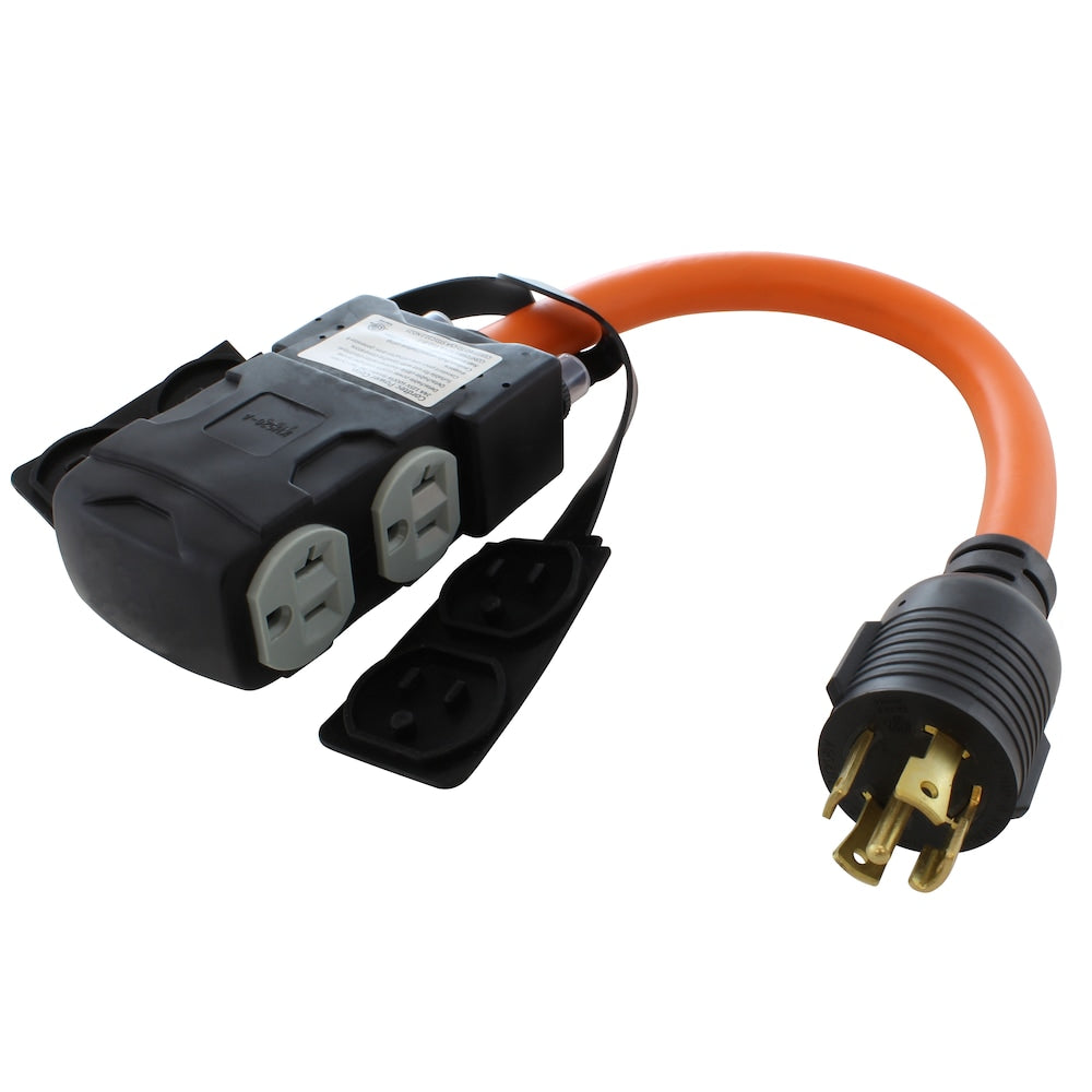 1.5FT L21-30P 30A 5-Prong Locking Plug to (4) Household Outlets with 20A Breakers