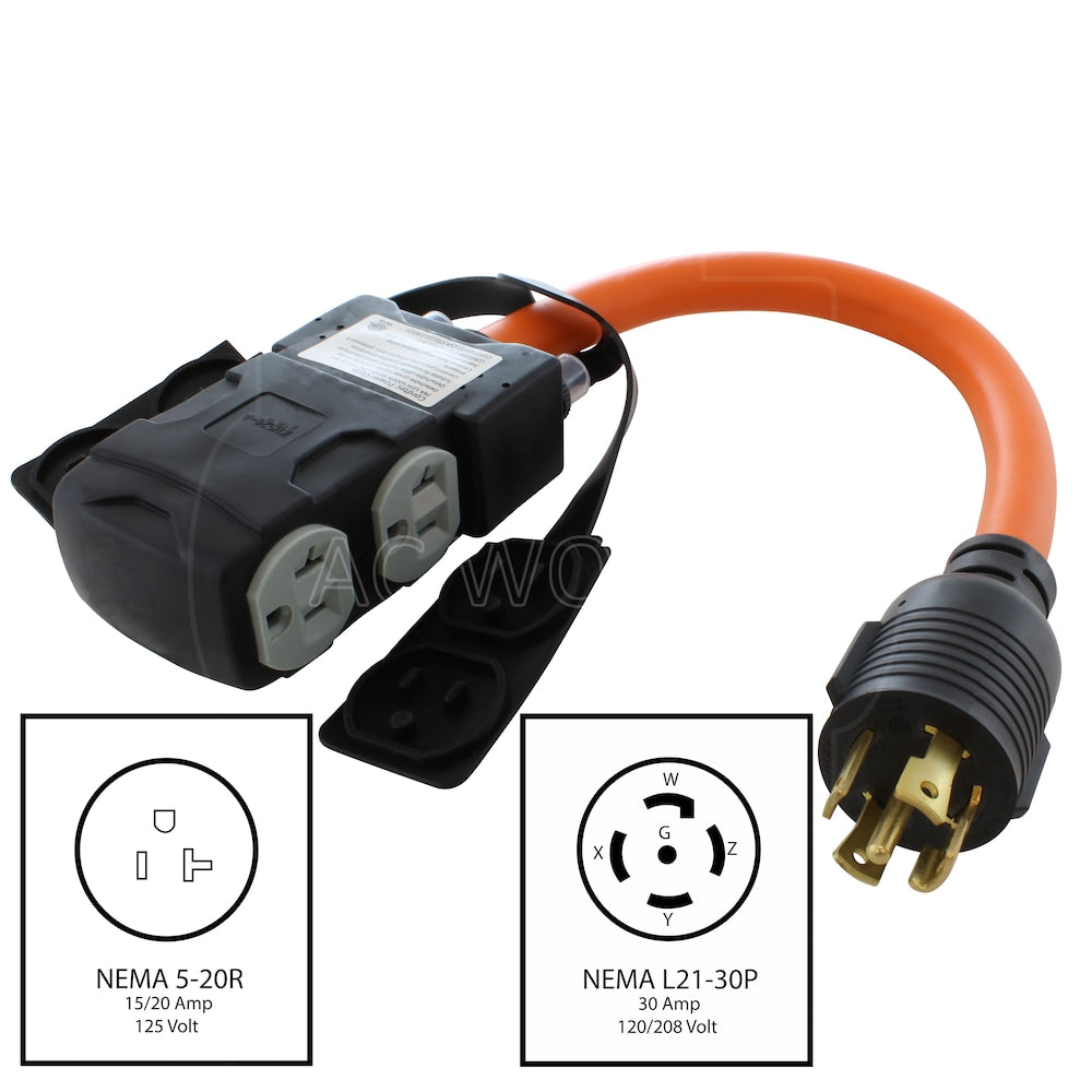 1.5FT L21-30P 30A 5-Prong Locking Plug to (4) Household Outlets with 20A Breakers