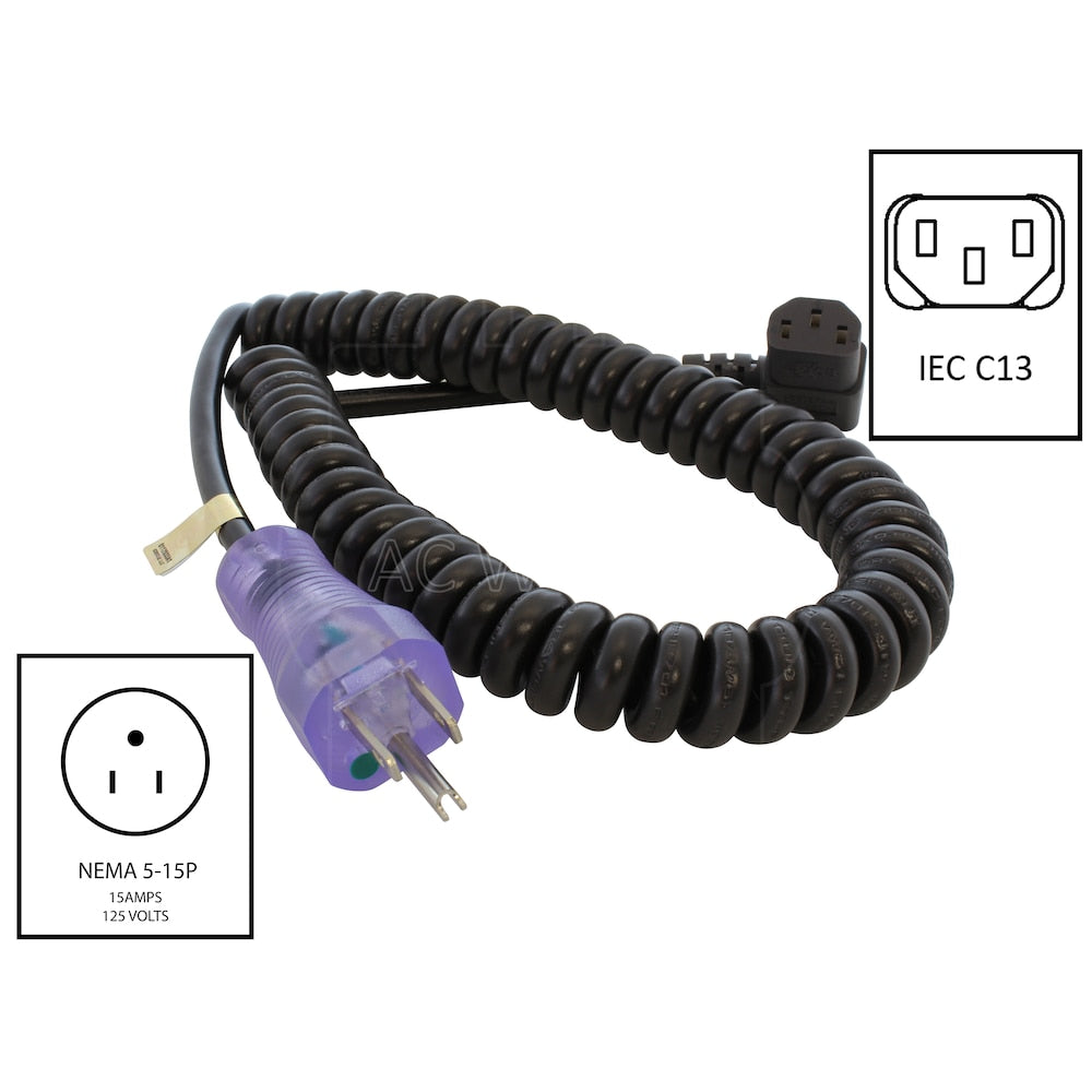 UP to 6.5ft 10A 18/3 Coiled Medical Grade Power Cord with Right C13 Connector