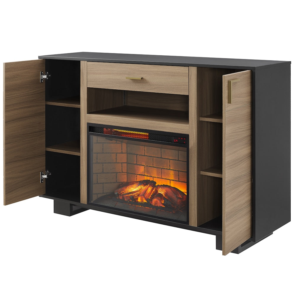 Meuble TV avec cheminée électrique infrarouge Venice de 55 po de largeur et manteau multimédia en noyer clair