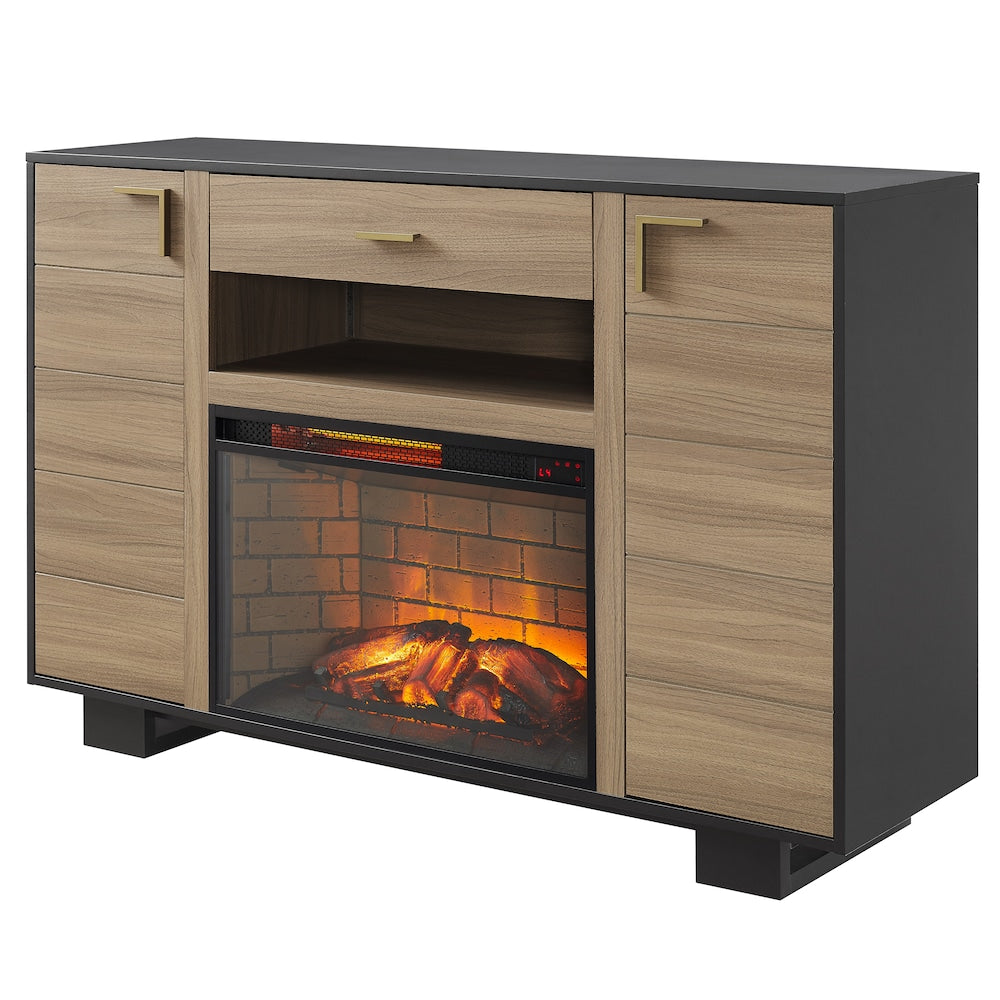 Meuble TV avec cheminée électrique infrarouge Venice de 55 po de largeur et manteau multimédia en noyer clair