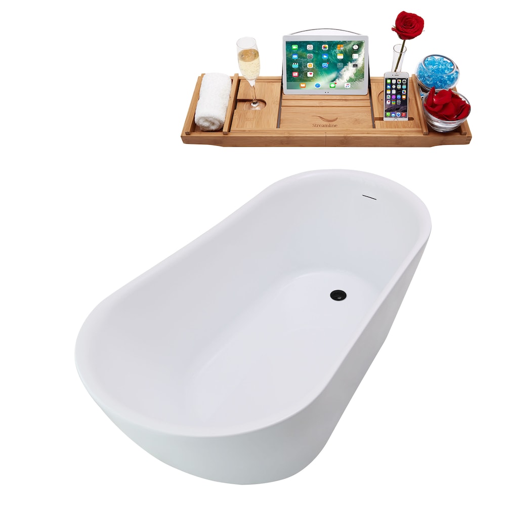 N3680BL 59 inch Freestanding Oval Tub With Internal Drain and Tray in White