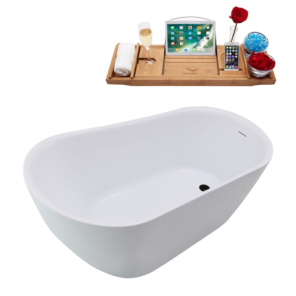 N3680BL 59 inch Freestanding Oval Tub With Internal Drain and Tray in White