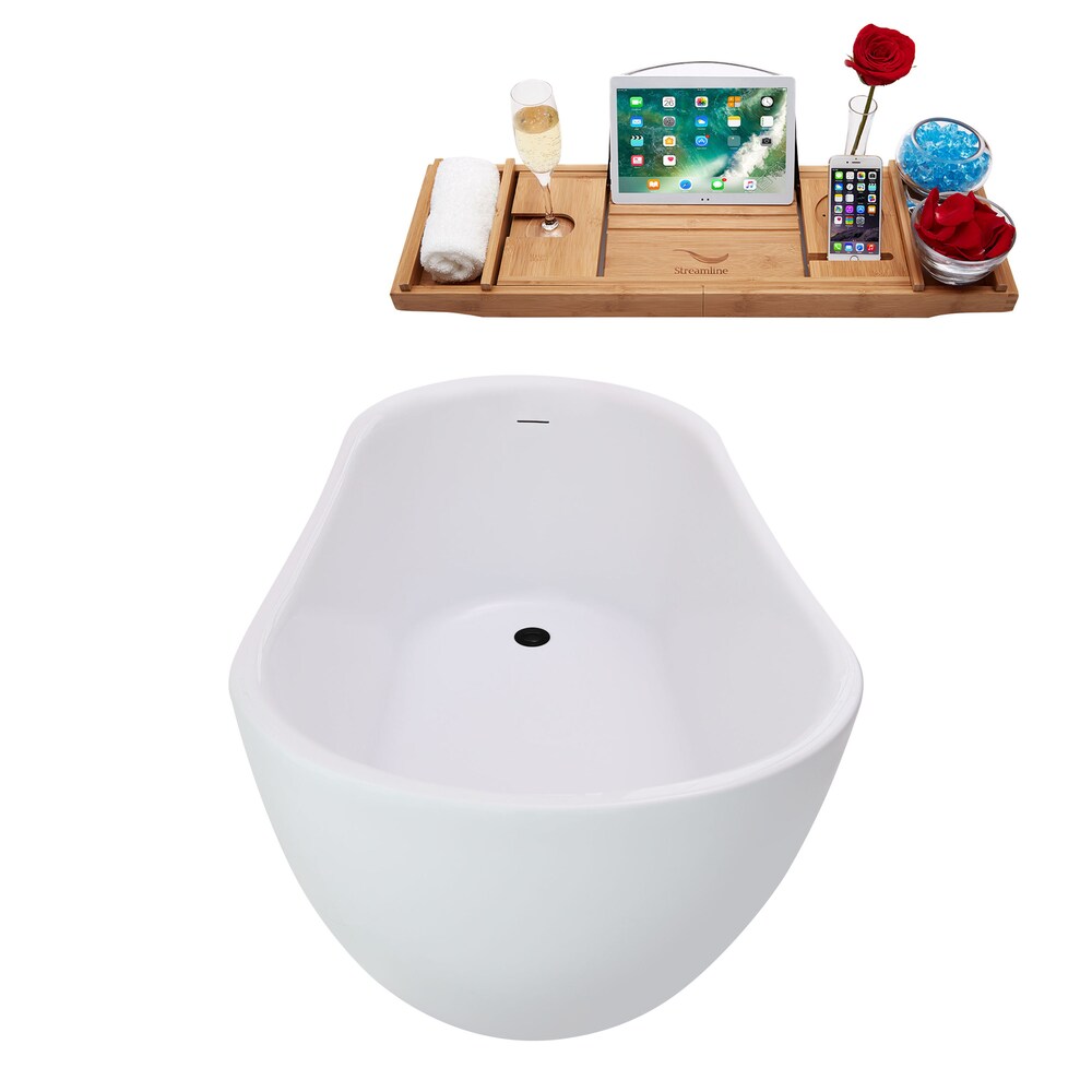 N3680BL 59 inch Freestanding Oval Tub With Internal Drain and Tray in White