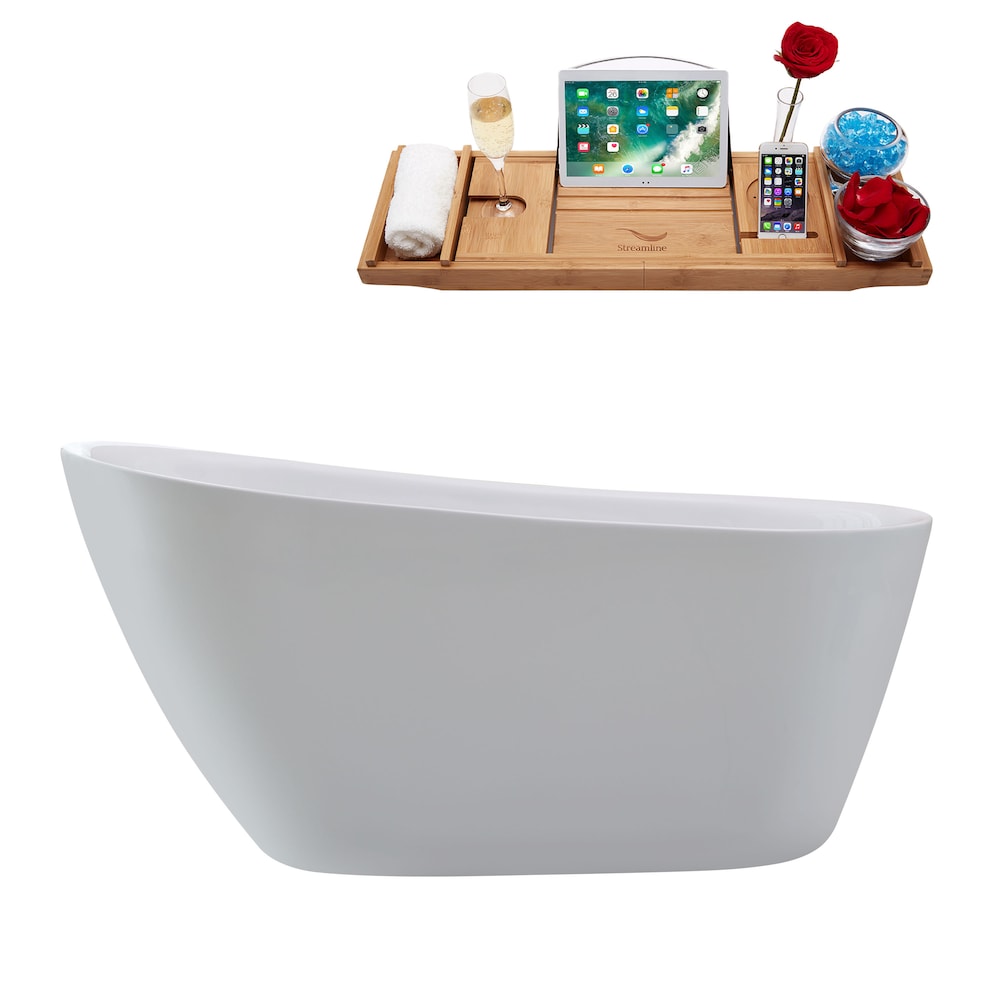 N3680GLD 59 inch Freestanding Oval Tub With Internal Drain and Tray in White