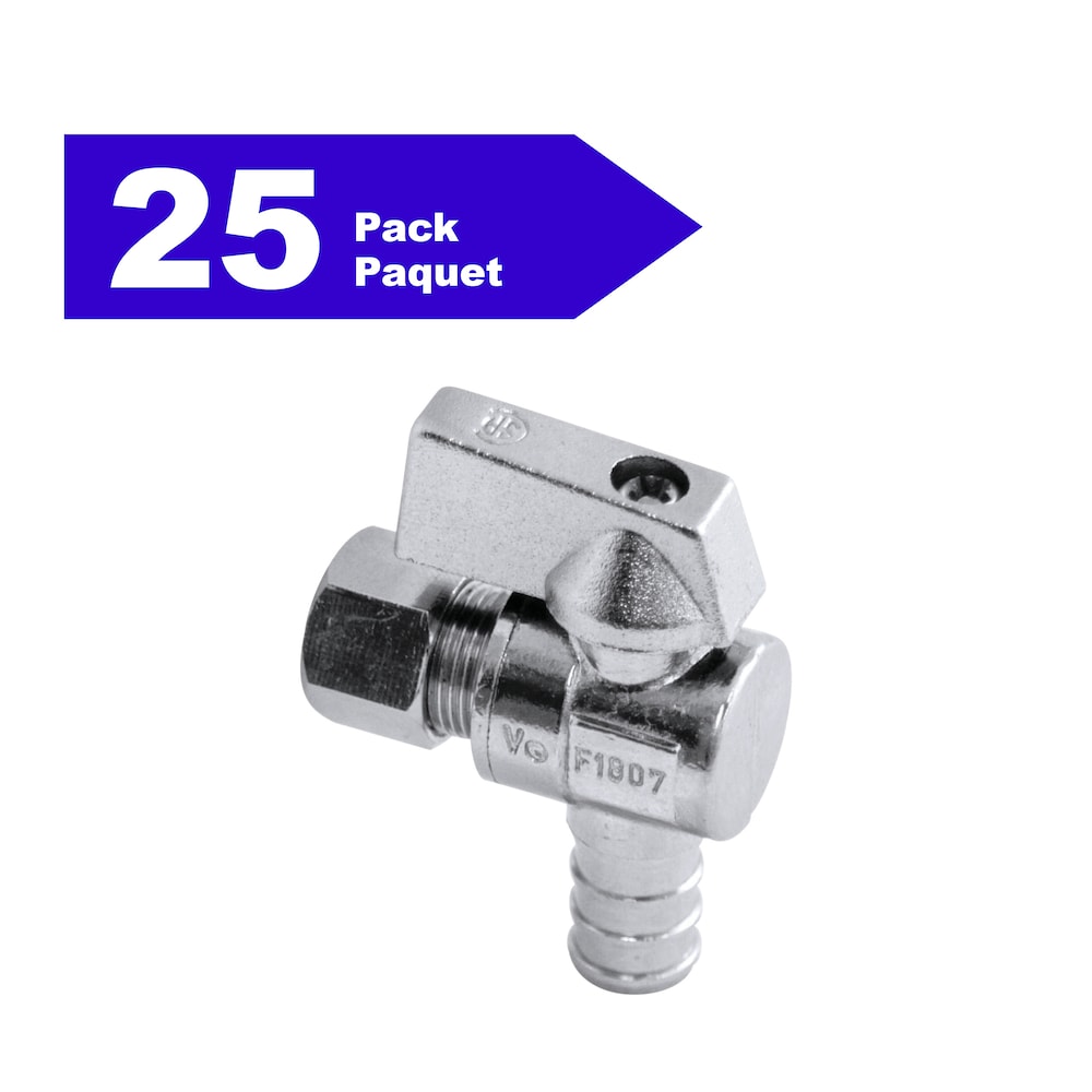 Vanne d'arrêt d'alimentation 1/2" PEX x 3/8" OD Comp. Angle quart de tour paquet de 25