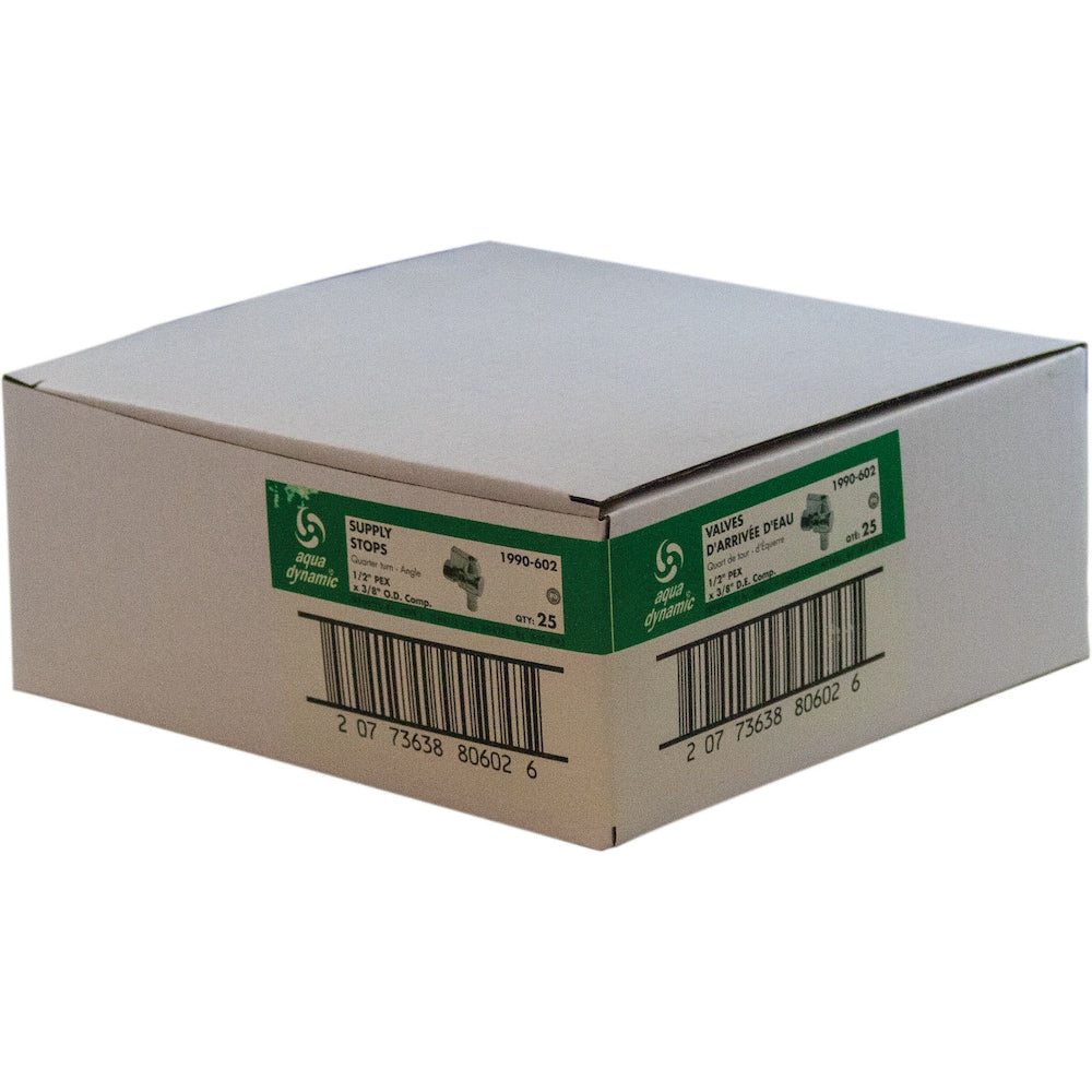 Vanne d'arrêt d'alimentation 1/2" PEX x 3/8" OD Comp. Angle quart de tour paquet de 25