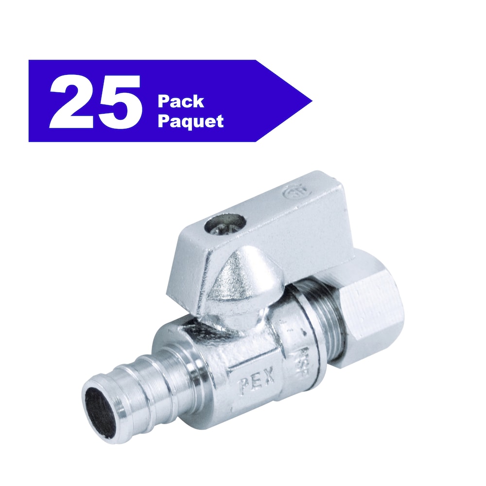 Vanne d'arrêt d'alimentation 1/2" PEX x 3/8" OD Comp. Quart de tour droit paquet de 25