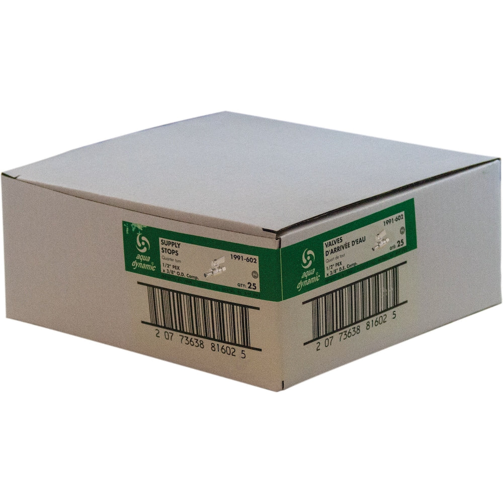 Vanne d'arrêt d'alimentation 1/2" PEX x 3/8" OD Comp. Quart de tour droit paquet de 25