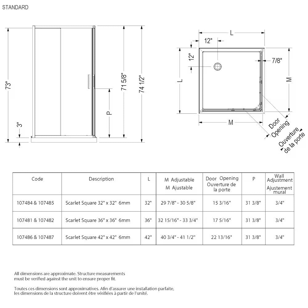 Scarlet 42 in. L x 42 in. W x 75 in. H Corner Shower Kit Enclosure with White Acrylic Base, Corner Drain & French Glass, Matte Black Sliding Door (No Shower Wall)