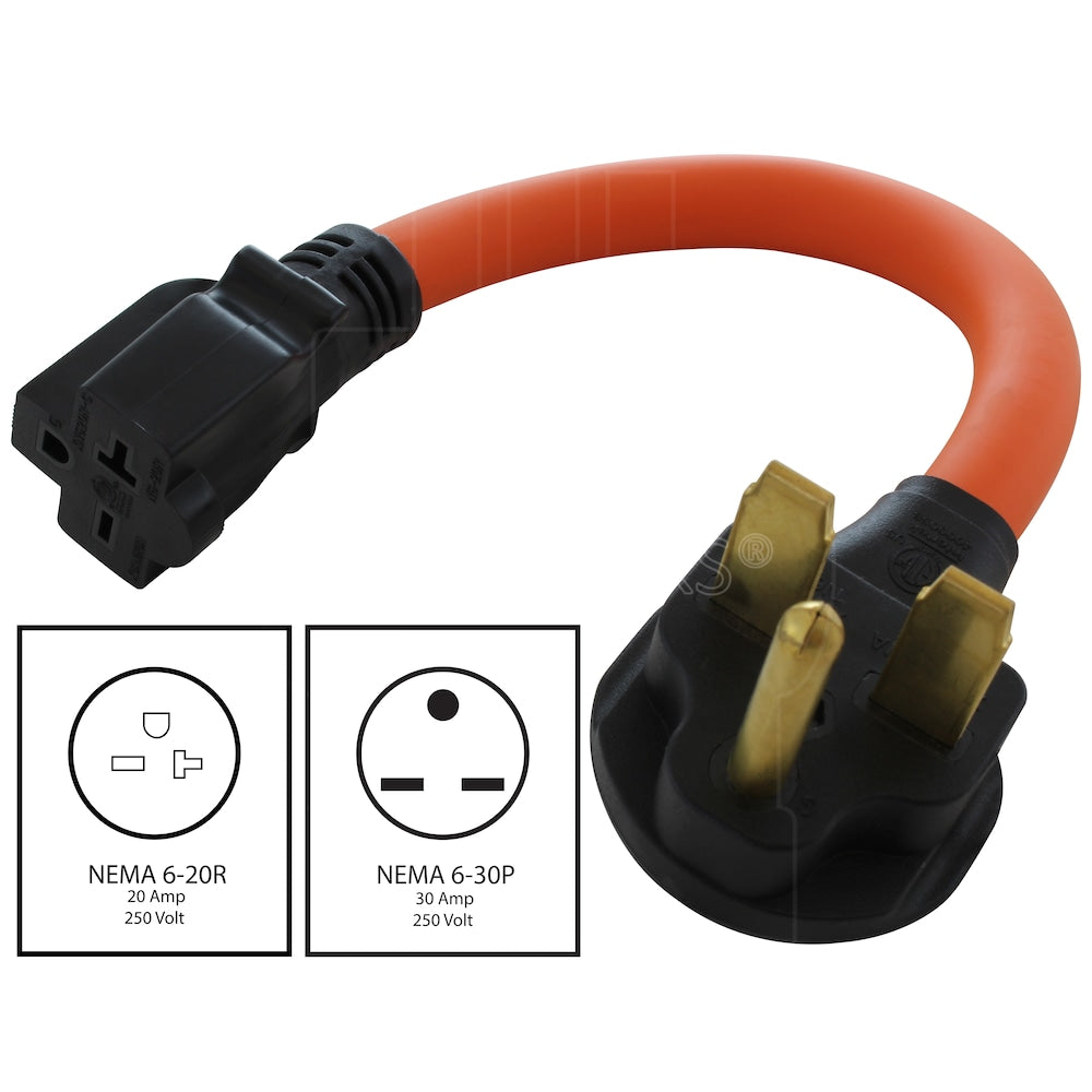 1FT 30A 3-Prong 6-30P Commercial HVAC Plug to 6-15/20 Outlet