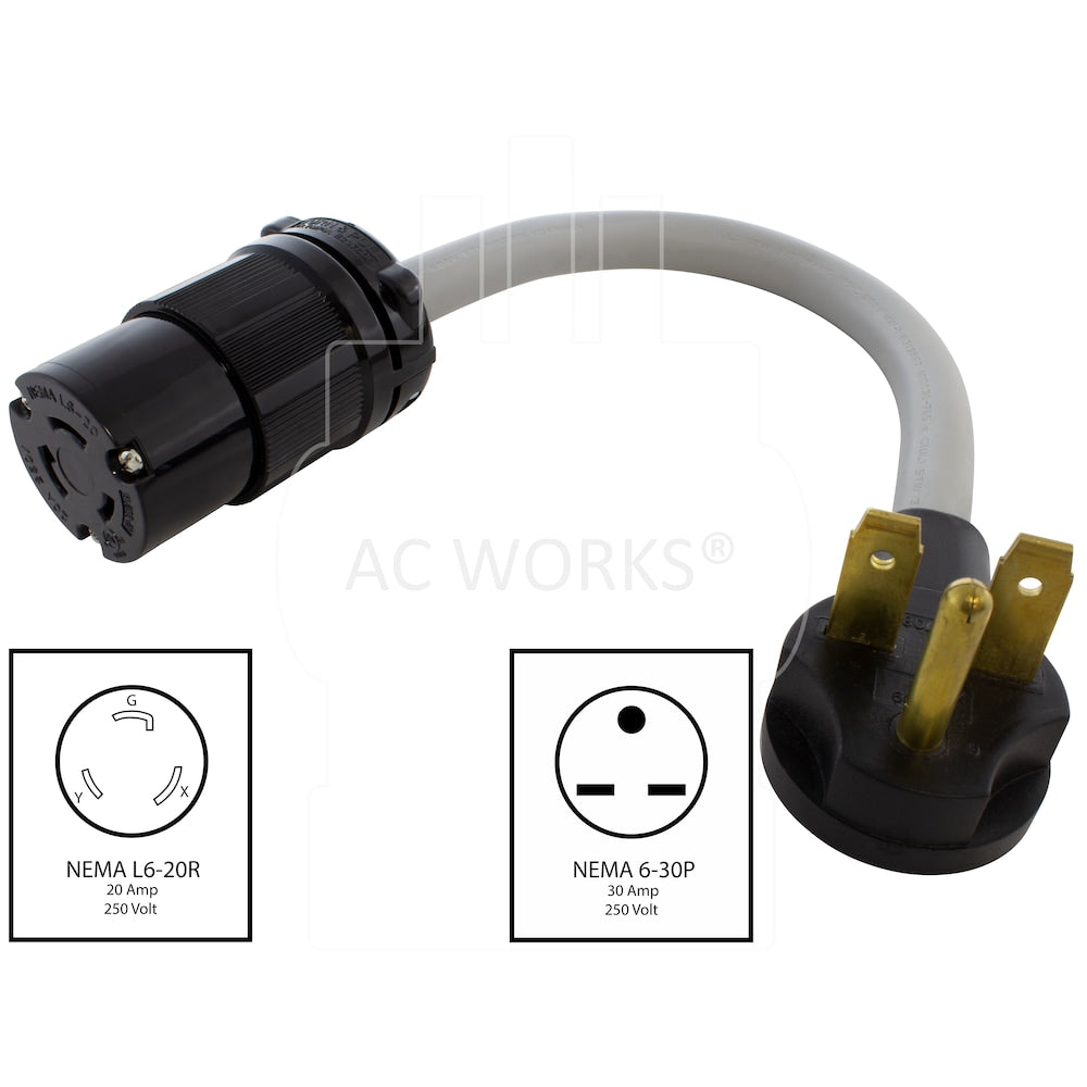 1FT 30A 3-Prong 6-30P Commercial HVAC Plug to L6-20R Locking Female Connector