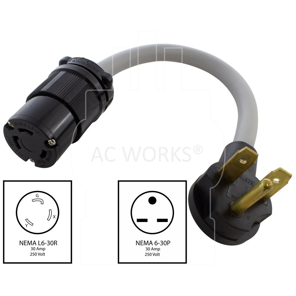 1FT 30A 6-30P Commercial HVAC Plug to L6-30R 30A 250V Locking Connector