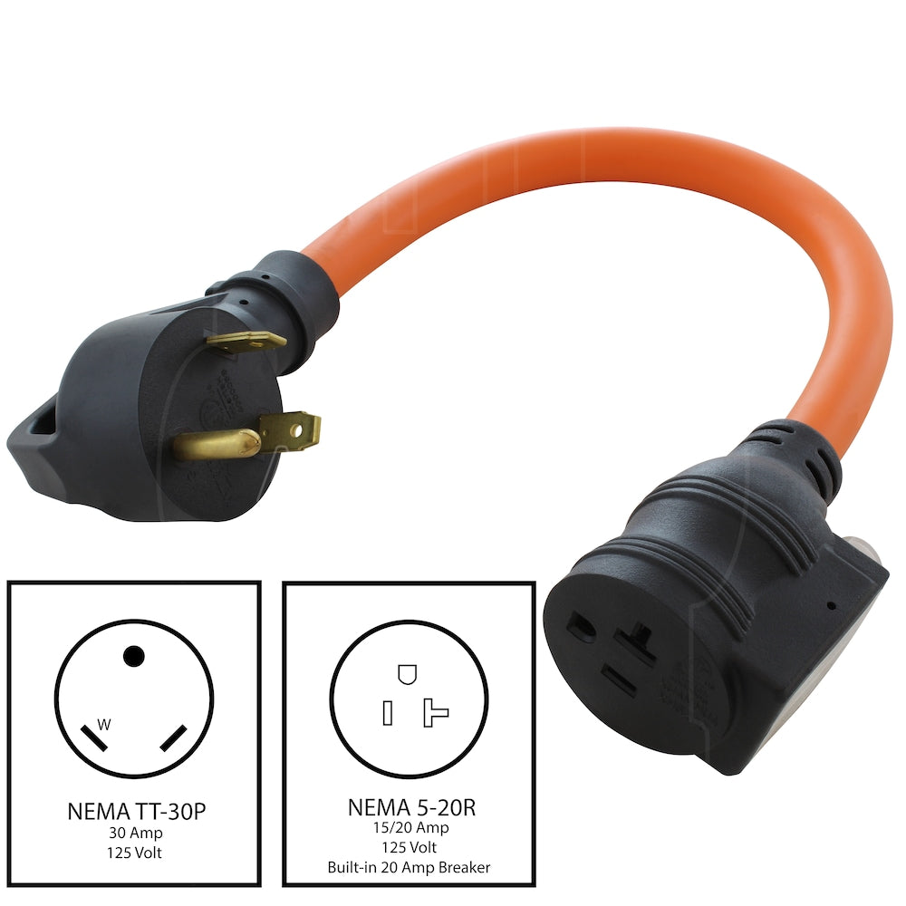 1.5FT 30A RV TT-30P Plug to 15/20A T-Blade Home Outlet with 20A Breaker