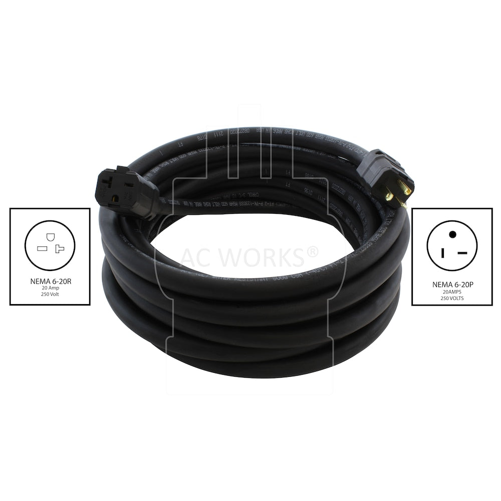 10ft SOOW 10 Gauge NEMA 6-20 20A 250V Super Duty Outdoor Rubber Extension Cord