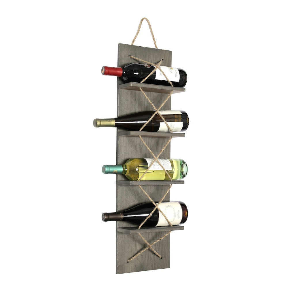 30 inch Rustic Gray Positano Nautical Rope 4 Bottle Vertical Wall Mounted Wood Wine Rack