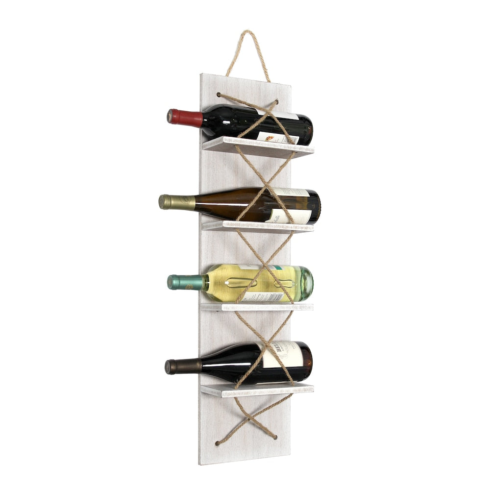 30 inch White Wash Positano Nautical Rope 4 Bottle Vertical Wall Mounted Wood Wine Rack