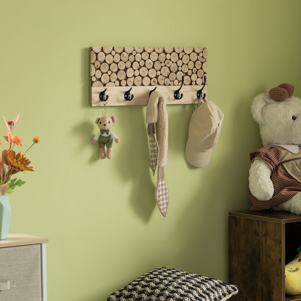 Patère en bois naturel avec cinq crochets pour entrée, bureau, chambre et salle de jeux
