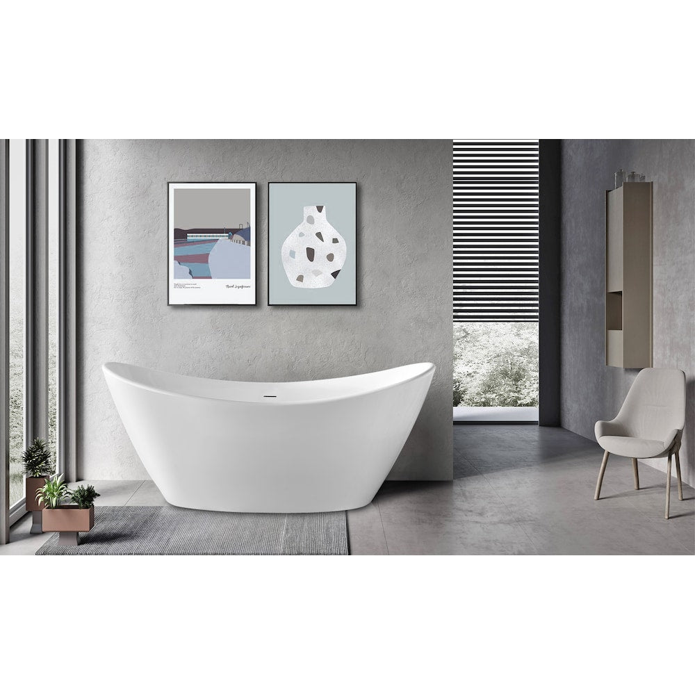 Baignoire autoportante ovale en acrylique Jodie de 59 pouces avec drain central en blanc