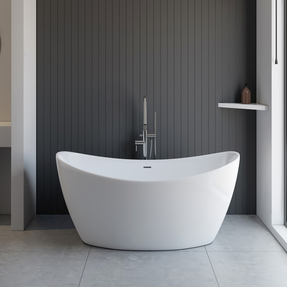 Baignoire autoportante ovale en acrylique Jodie de 59 pouces avec drain central en blanc