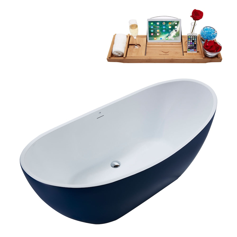 Baignoire ovale autoportante N595CH de 62 pouces avec drain interne et plateau en bleu foncé mat